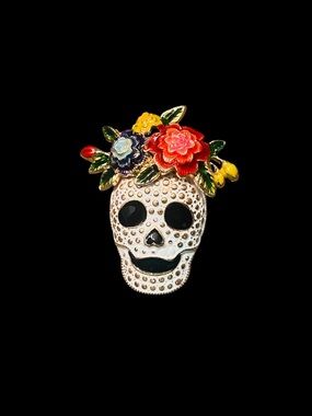 Floral Skull Enamel Gold Tone Brooch